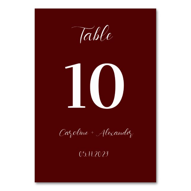 Burgundy Boho Modern Elegant Unique Wedding Table Number (Front)