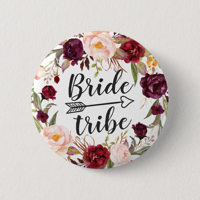 Burgundy Boho Red Blush Floral Wreath Bride Tribe Pinback Button (Front)