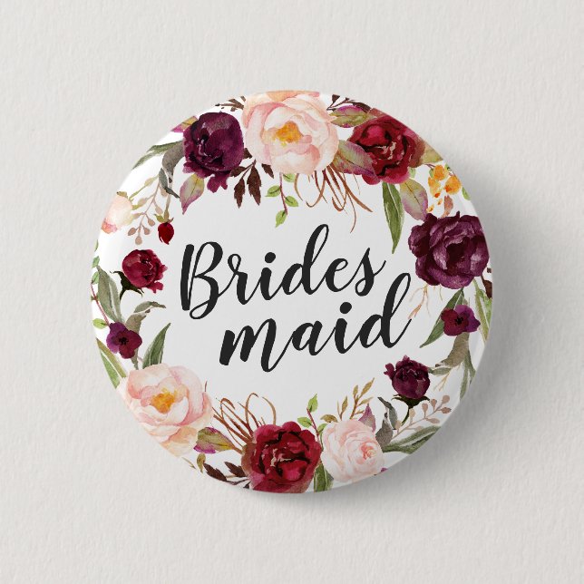 Burgundy Boho Red Blush Floral Wreath Bridesmaid Button (Front)