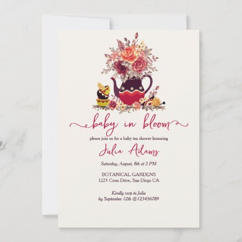 Burgundy Boho Rose Pampas Lemon Tea Baby Shower Invitation