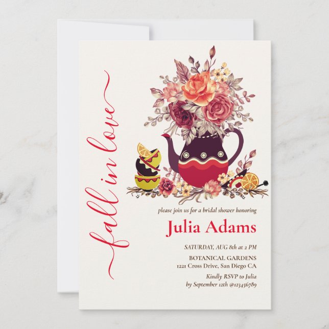 Burgundy Boho Rose Pampas Lemon Tea Bridal Shower Invitation (Front)