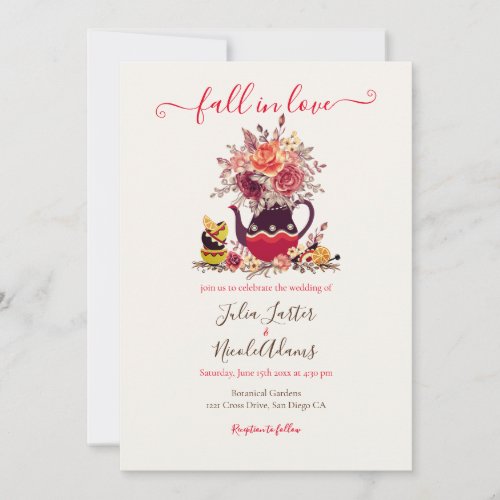 Burgundy Boho Rose Pampas Lemon Tea Wedding Invitation