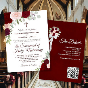 Burgundy Boho Roses Catholic QR Code Wedding Invitation