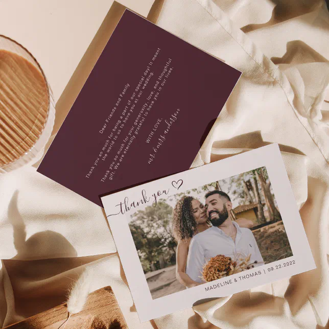 Burgundy Boho Simple Photo Heart Script Wedding Thank You Card | Zazzle