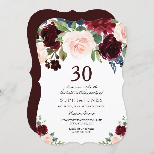 Burgundy Boho Watercolor Blush 30th Birthday Party Invitation