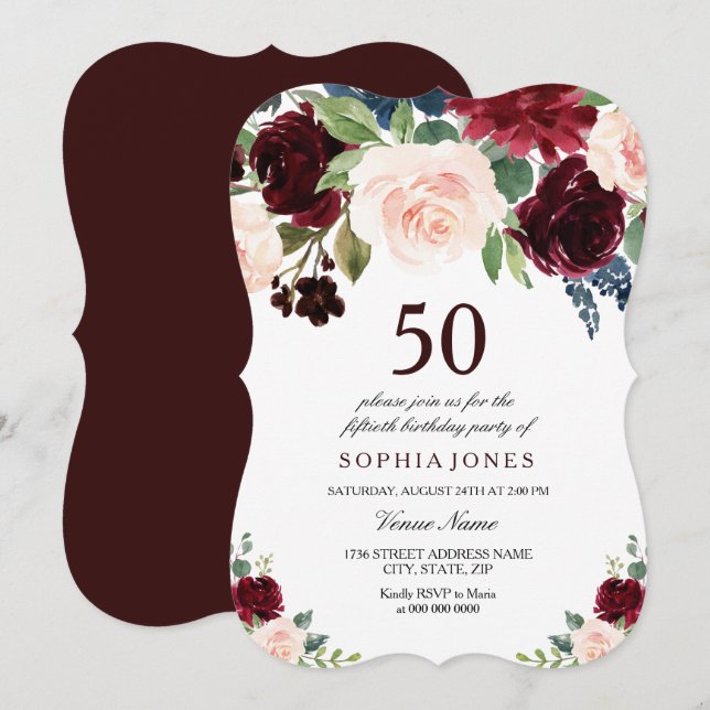 Burgundy Boho Watercolor Blush 50th Birthday Party Invitation (Front/Back)