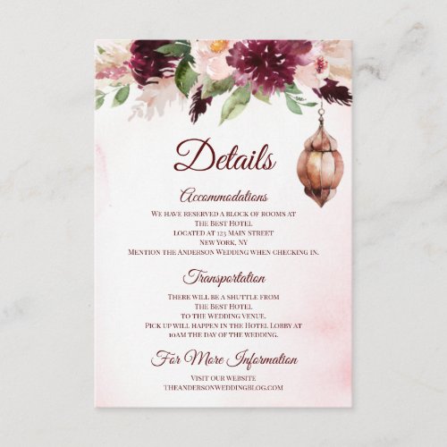 Burgundy Boho Watercolor Floral Accommodations Enclosure Card