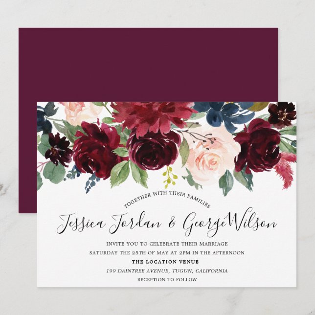 Burgundy Boho Watercolor Floral Wedding Invitation (Front/Back)