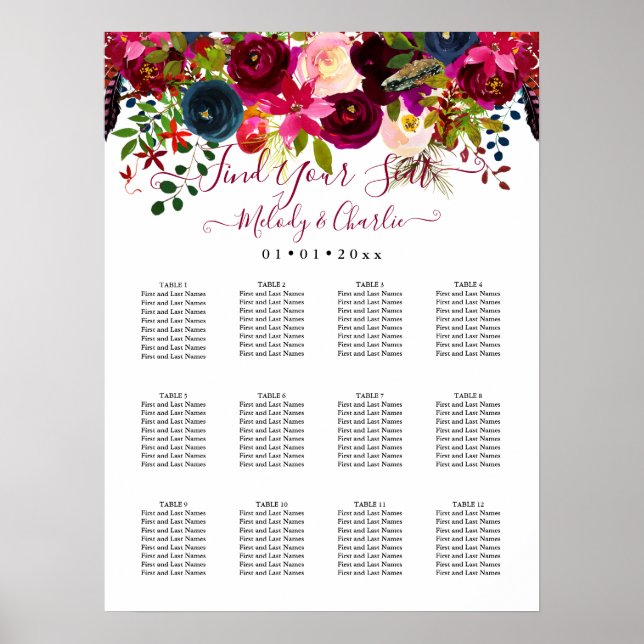 BURGUNDY BOHO WATERCOLOR FLOWERS SEATING CHART (Front)