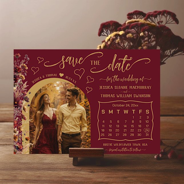 Burgundy Boho Wildflowers Photo & Calendar Wedding Save The Date (Creator Uploaded)