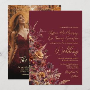 Burgundy Boho Wildflowers & Photo QR Code Wedding Invitation