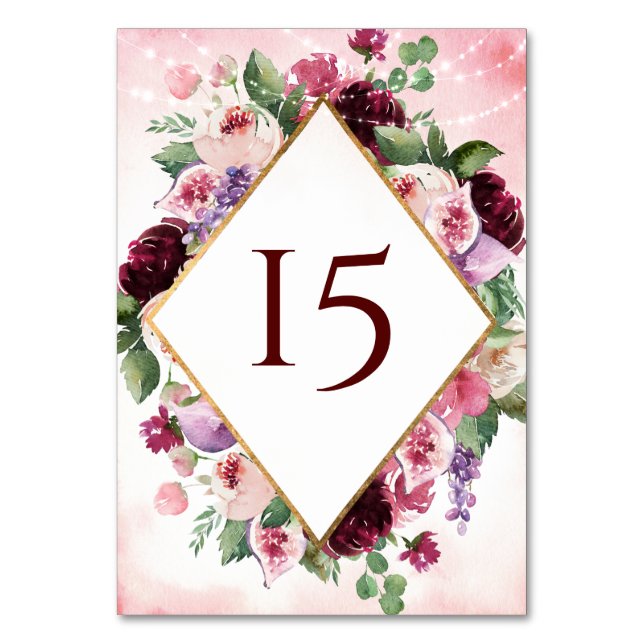 Burgundy Boho Wine Watercolor Table Number (Front)