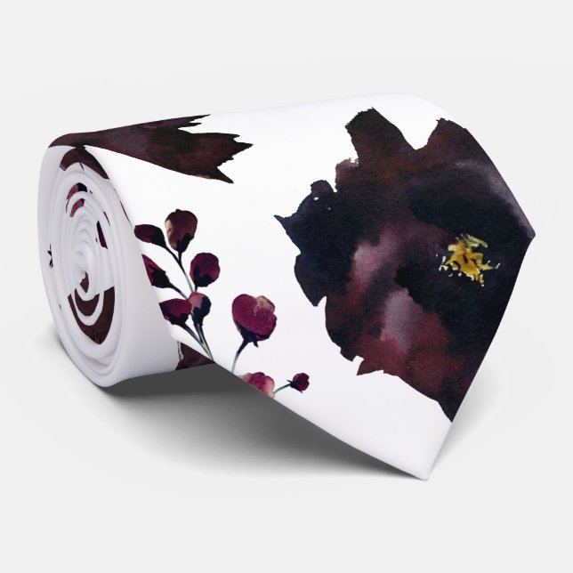 Burgundy Bordeaux And White Peony Elegant Wedding Neck Tie (Rolled)