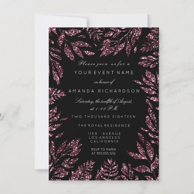 Burgundy Bordeaux Black Glitter Leafs Floral Frame Invitation (Front)