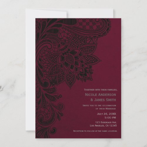 Burgundy Bordeaux Black Vintage Lace Wedding Invitation