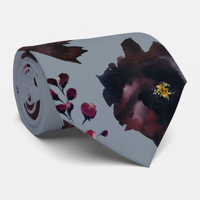 Burgundy Bordeaux Dusty Blue Elegant Wedding Neck Tie (Rolled)
