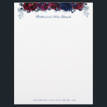 Burgundy Bordeaux Sapphire Peony Floral 2 Letterhead<br><div class="desc">A watercolor floral letterhead stationery featuring watercolor-painted sapphire blue and burgundy peonies with navy blue eucalyptus greenery.</div>