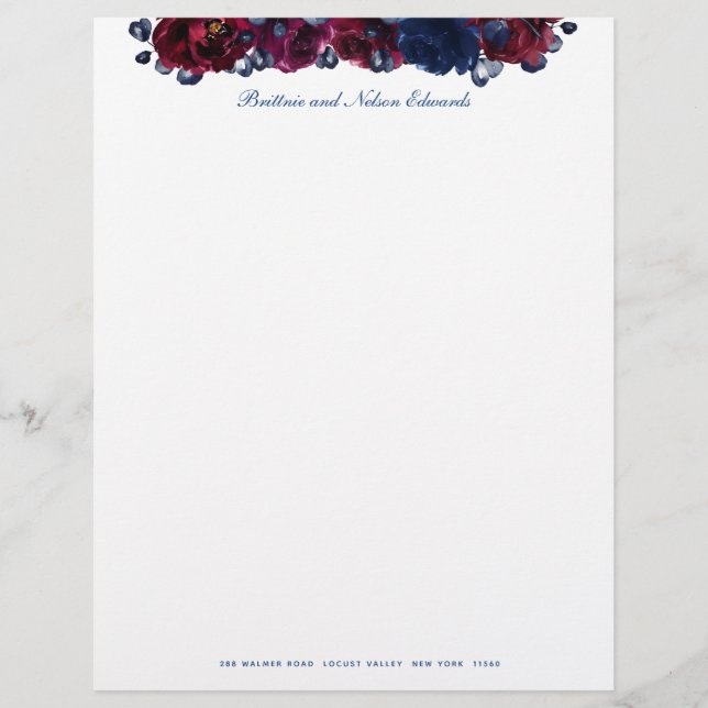 Burgundy Bordeaux Sapphire Peony Floral Letterhead (Front)