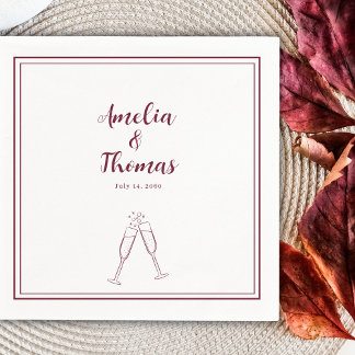 Burgundy Border Champagne Minimalist Wedding Napkins