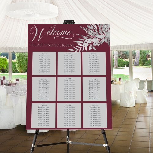 Burgundy Botanical 9 Table Wedding Seating Chart Foam Board