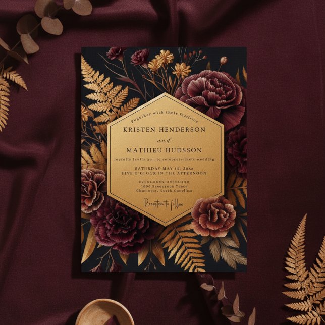 Burgundy Botanical Autumn Wedding Invitation (Creator Uploaded)