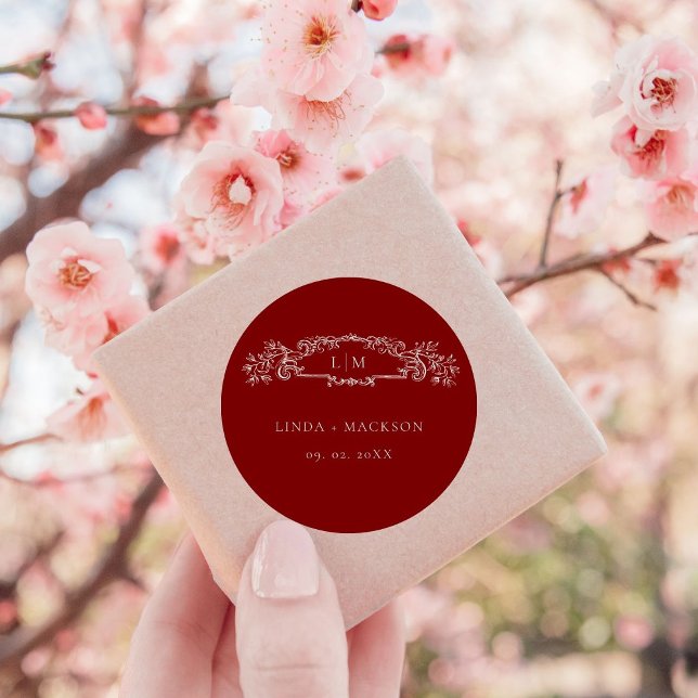 Burgundy botanical crest monogram wedding classic round sticker (Creator Uploaded)