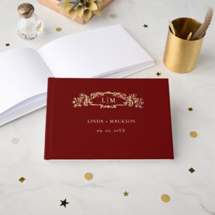 Burgundy botanical crest monogram wedding foil guest book