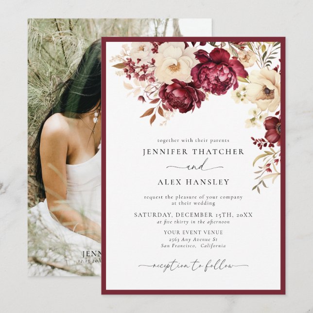 Burgundy Botanical | Elegant Photo Wedding Invite (Front/Back)