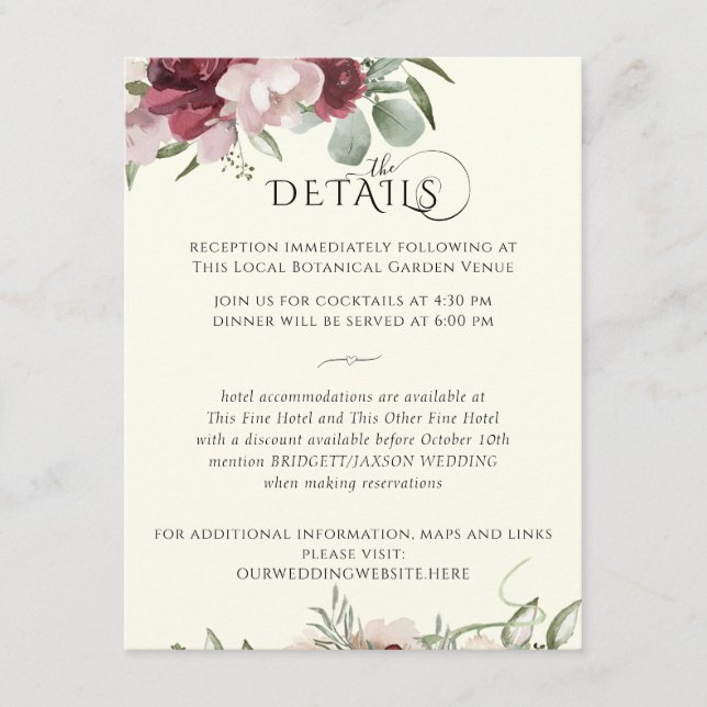 Burgundy Botanical Floral Details Enclosure Card (Front)
