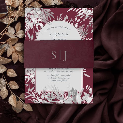  Burgundy Botanical Foliage Monogrammed Invitation Invitation Belly Band