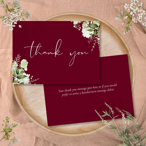 Burgundy Botanical Greenery Elegant Script Thank You Card