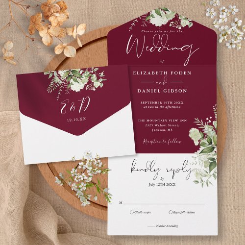 Burgundy  Botanical Greenery Monogram Wedding  All In One Invitation