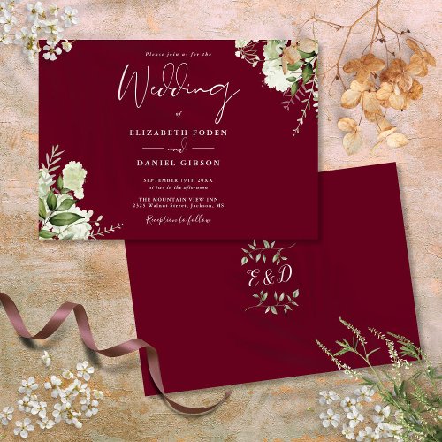 Burgundy Botanical Greenery Monogram Wedding  Invitation