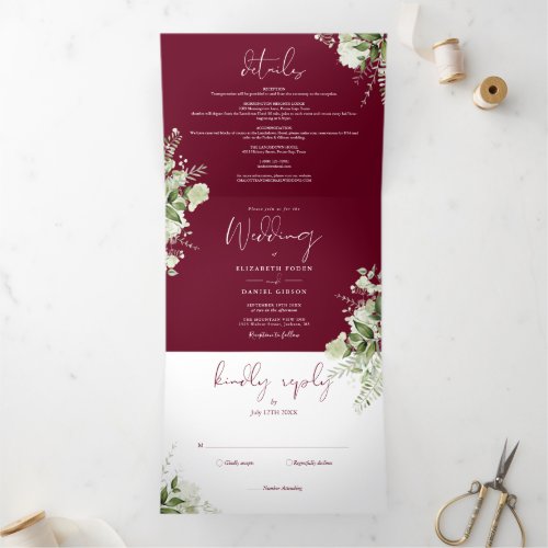 Burgundy Botanical Greenery Photo Wedding  Tri_Fold Invitation