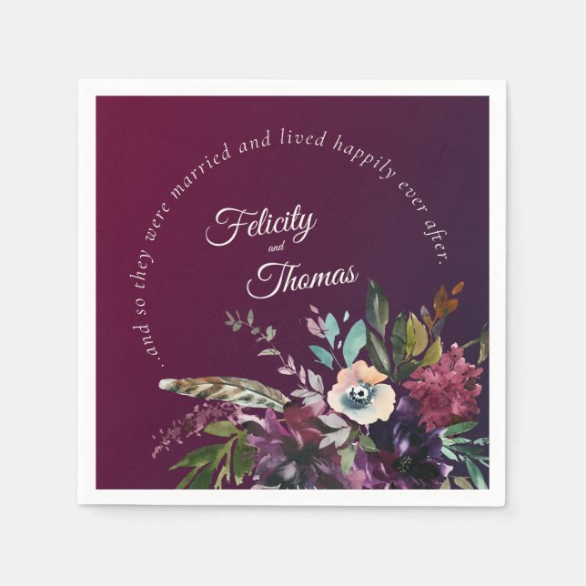 Burgundy Botanical Happily Ever After Wedding Napkins (Front)