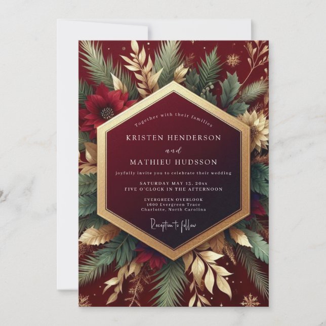 Burgundy Botanical Holiday Wedding Invitation (Front)