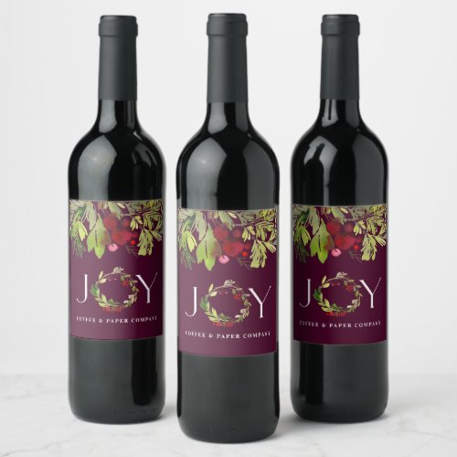 Burgundy botanical joy wreath corporate holiday wine label