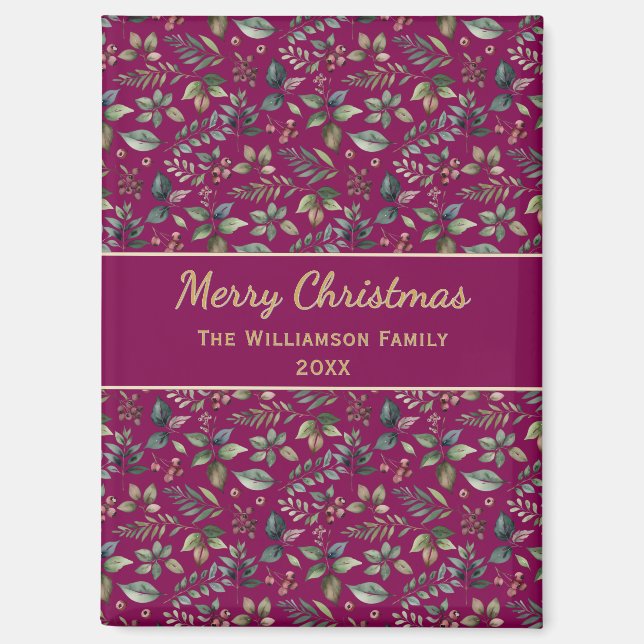Burgundy Botanical Merry Christmas Personalized Magnet (Front)