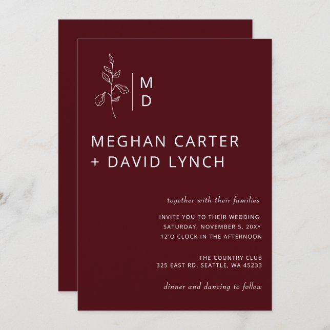 Burgundy Botanical Monogram Wedding Invitation (Front/Back)
