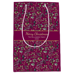Burgundy Botanical Pattern Personalized Christmas Medium Gift Bag