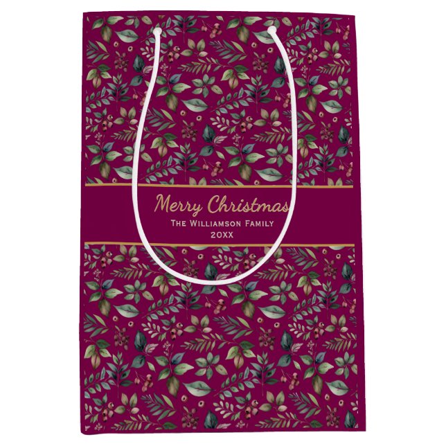 Burgundy Botanical Pattern Personalized Christmas Medium Gift Bag (Front)