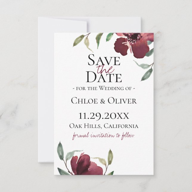 Burgundy Botanical Save The Date Announcement (Front)