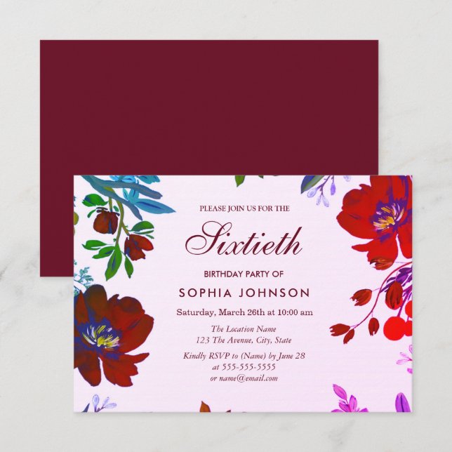 Burgundy Botanical Tropical 60th Birthday Invite (Front/Back)