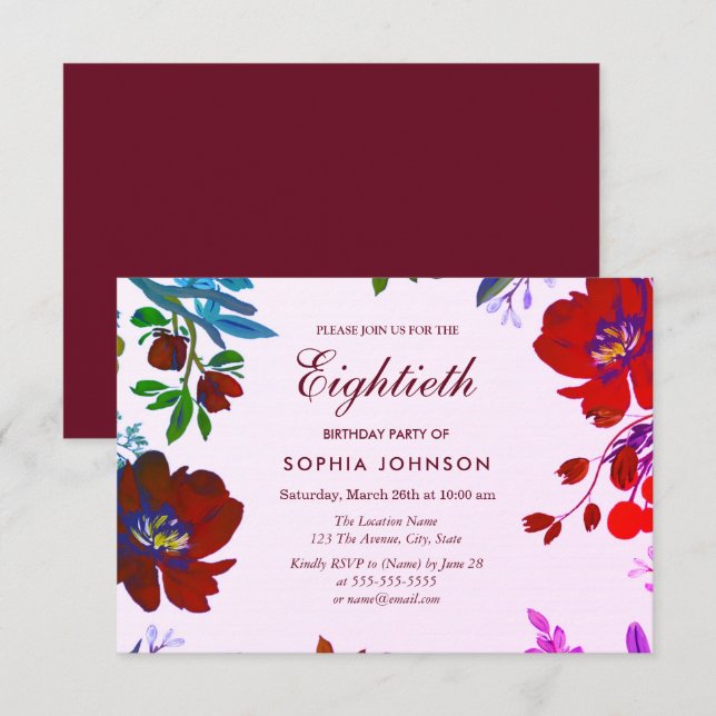 Burgundy Botanical Tropical 80th Birthday Invite (Front/Back)
