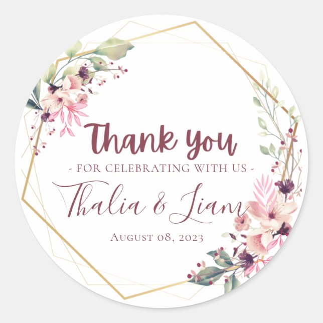 Burgundy Botanical Wedding Favor Classic Round Sticker (Front)