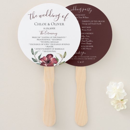 Burgundy Botanical Wedding Program Hand Fan Zazzle Com