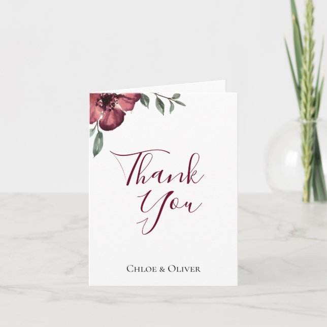 Burgundy Botanical Wedding Thank You Card (Front)