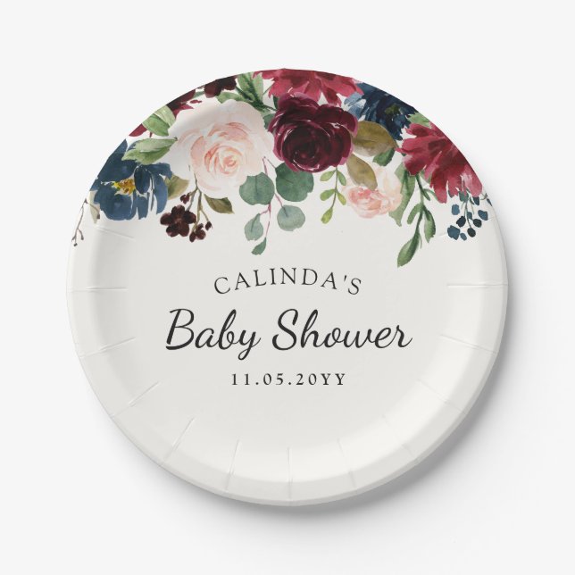 Burgundy Bouquet | Baby Shower Paper Plates (Front)