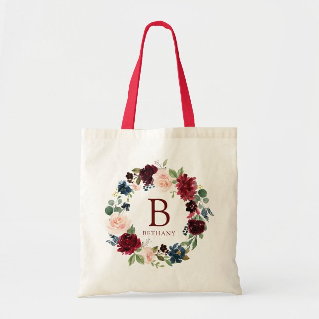 Burgundy Bouquet Bold Monogram Tote Bag (Front)
