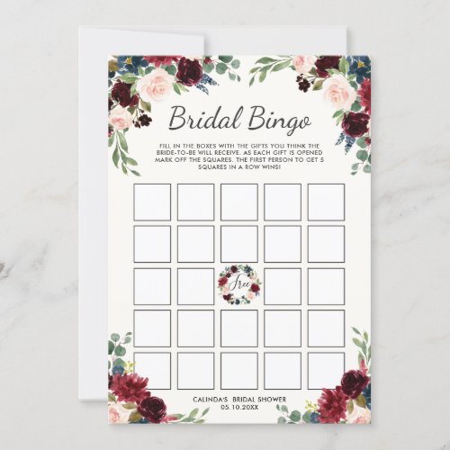 Burgundy Bouquet  Bridal Shower Bingo Game Invitation